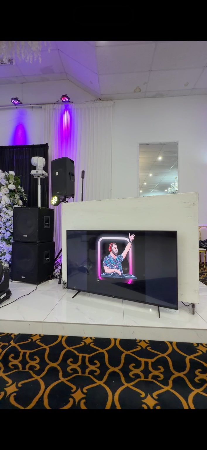 DJ Vish white booth with front-mounted display